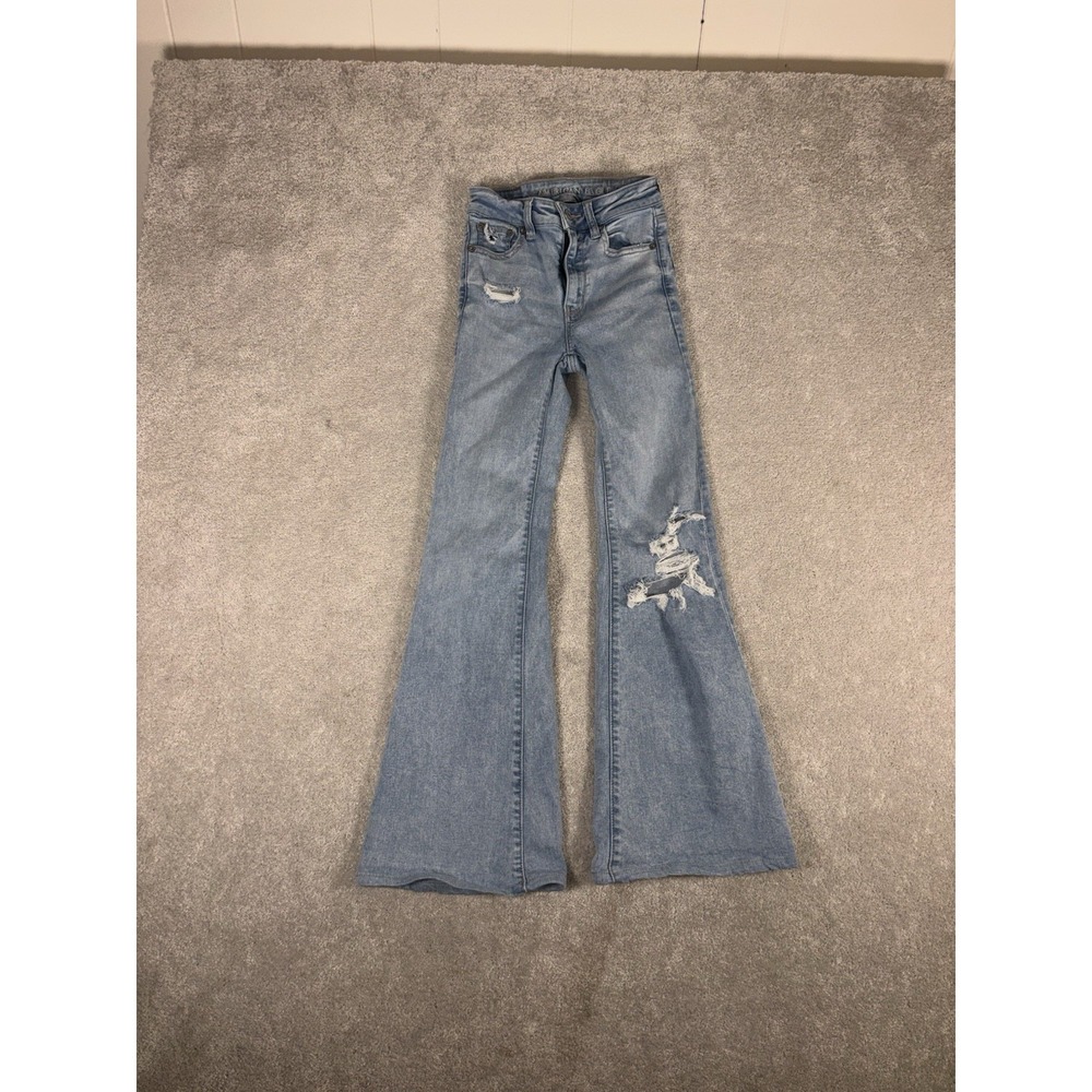 American Eagle‎ Jeans Womens 000 Short Light Wash Super Hi-Rise Flare Distressed
